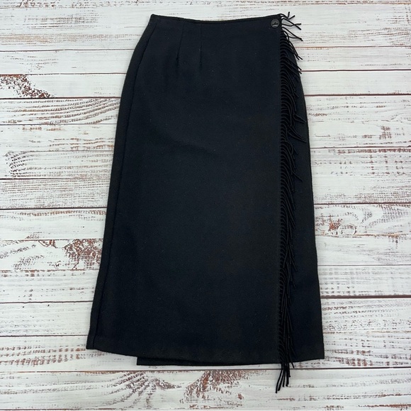 Vintage Woolrich Women’s size 8 Black 100% Wool Fringe Wrap Midi Lined Skirt - Picture 8 of 13